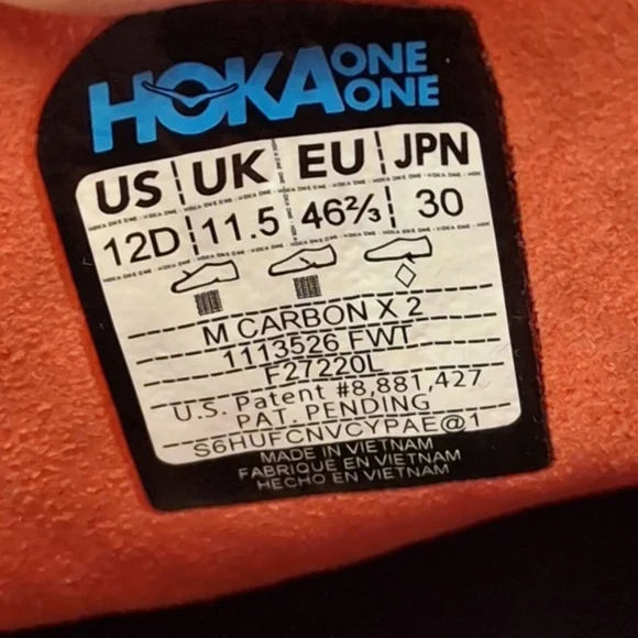 Hoka One One Carbon x 2 Fiesta Red Orange White Running Sneakers Men Size 12D